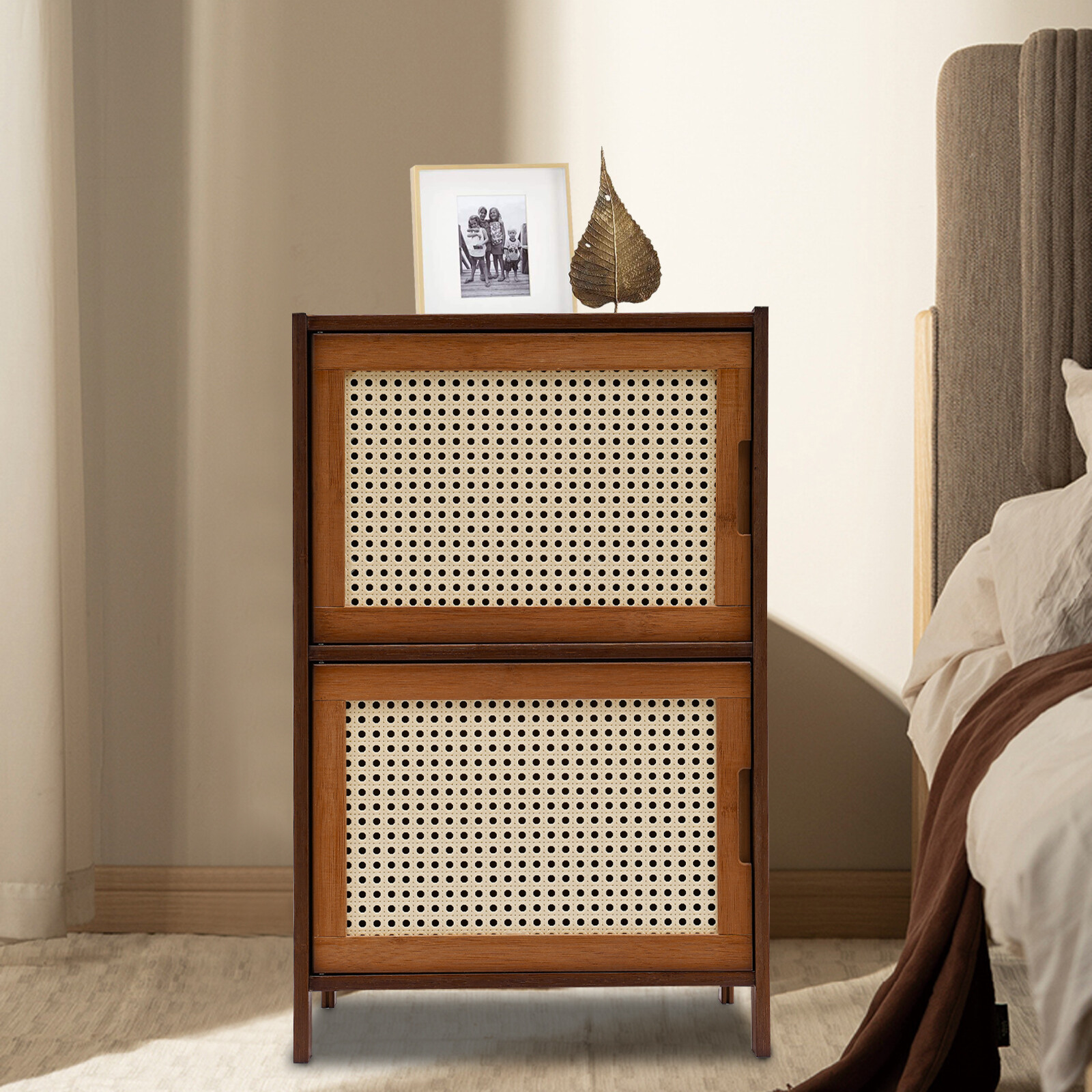 Modern Design Bamboo Bedside Table 2 Tier Nightstand 99.20lbs Floor Standing USA gallery