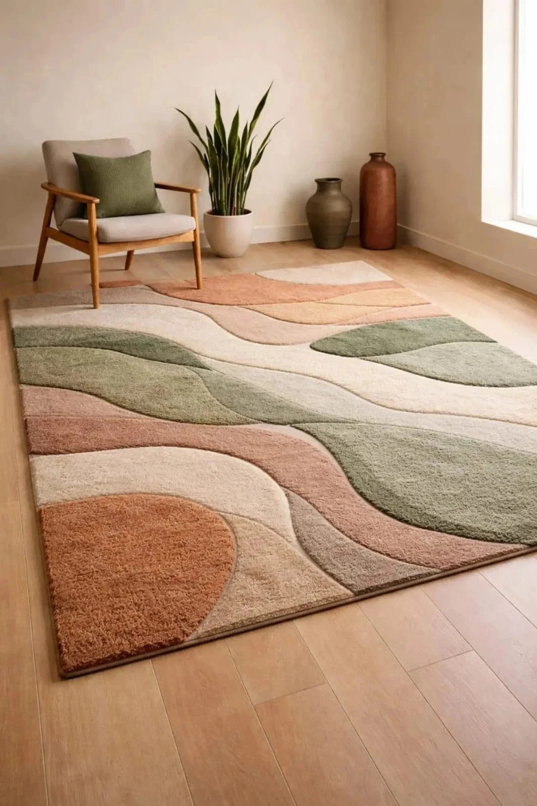 Modern Abstract Hand Tufted Area Rug in Sage Green Terracotta & Beige High Low gallery