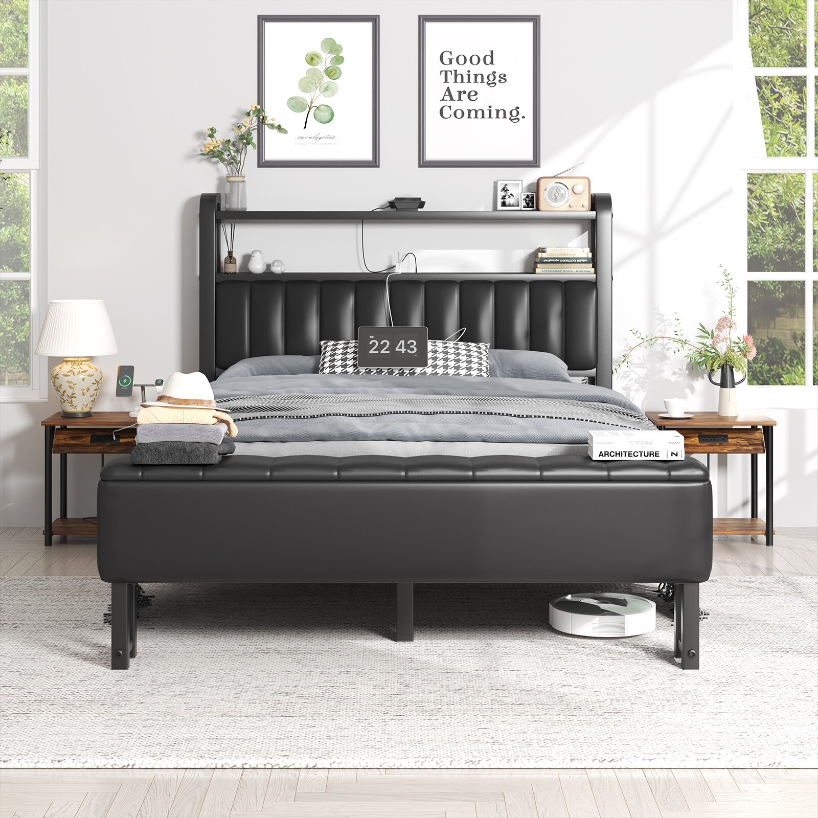Queen/Full/KingUpholstered Bed Frame with Starry Sky Light and Charging Station gallery