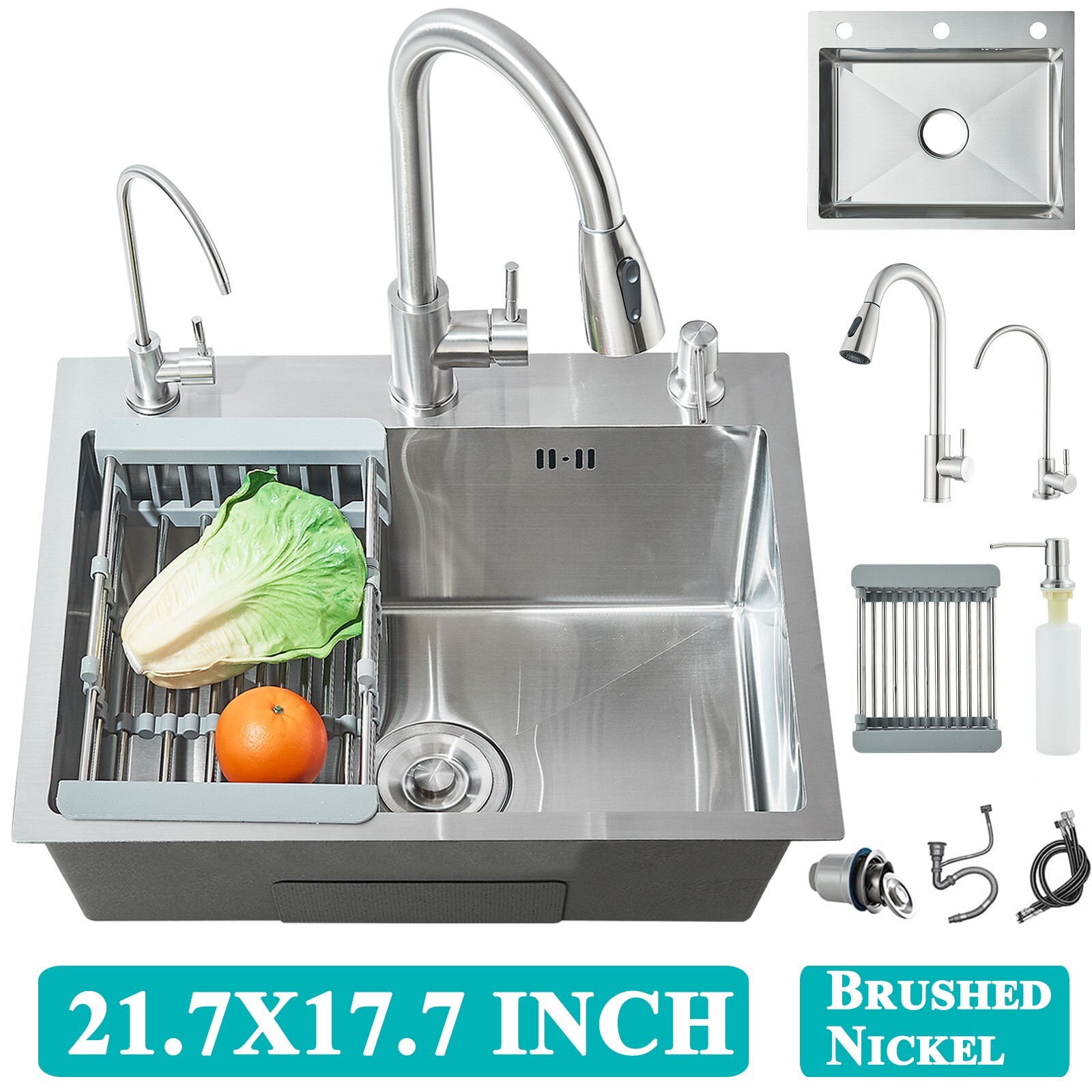 21.7 in Kitchen Sink Stainless Steel Single Bowl Sink w/Pulldown Faucet Drop In gallery