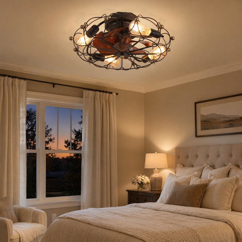 20'' Modern Caged Black Ceiling Fan with LED Light Flush Mount Remote Control gallery