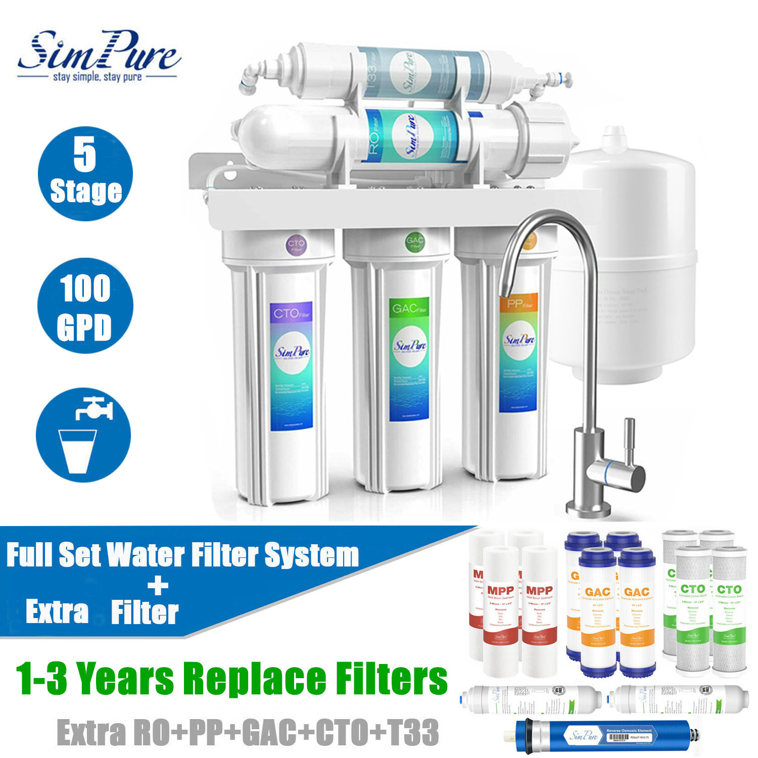 SimPure 100 GPD 5 Stage RO Reverse Osmosis System Home Drinking Water Filtration gallery