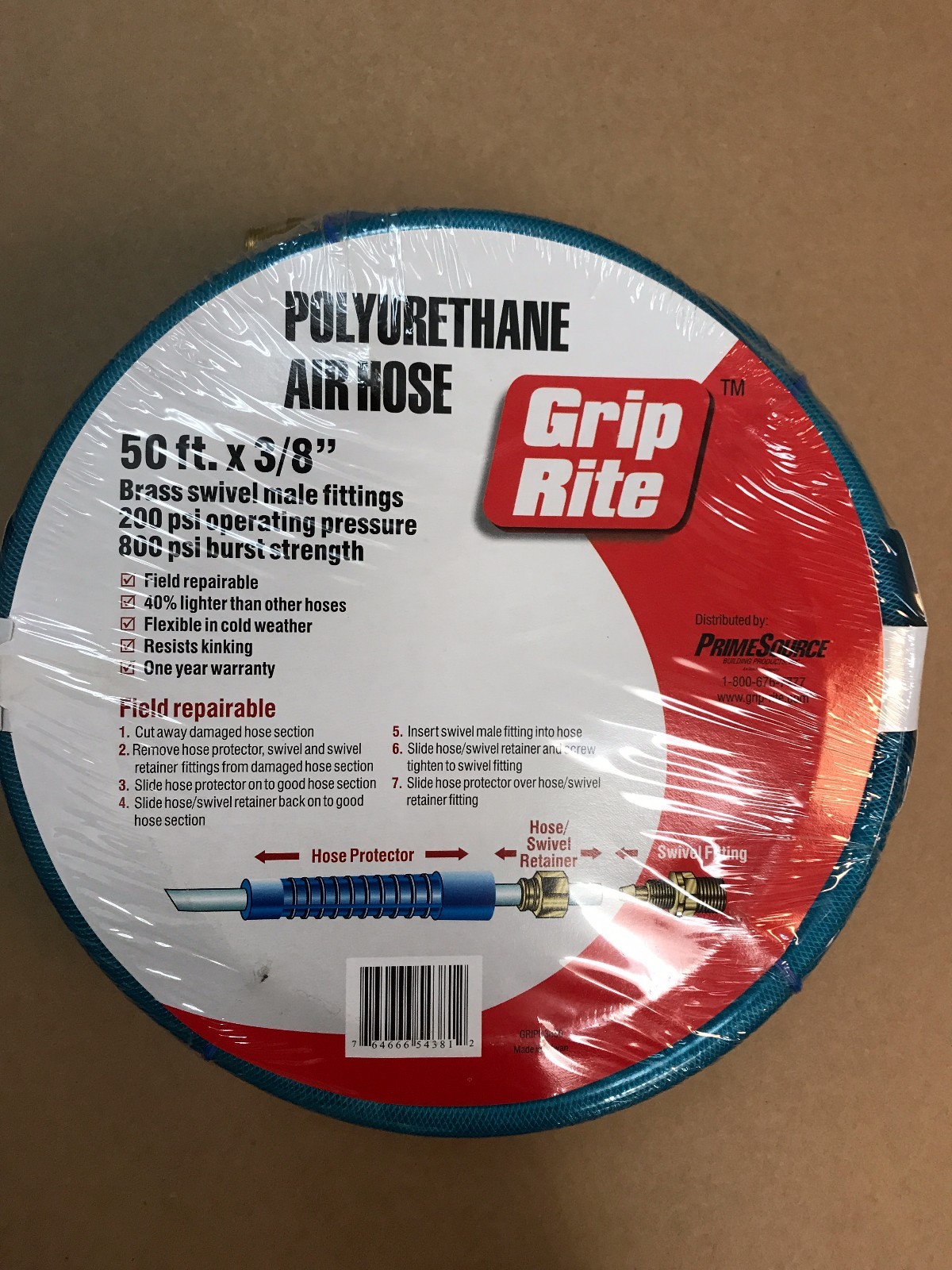 GRIP RITE 3/8" X 50' FEET GRIP RITE Polyurethane AIR HOSE BRASS Coupler NEW! gallery