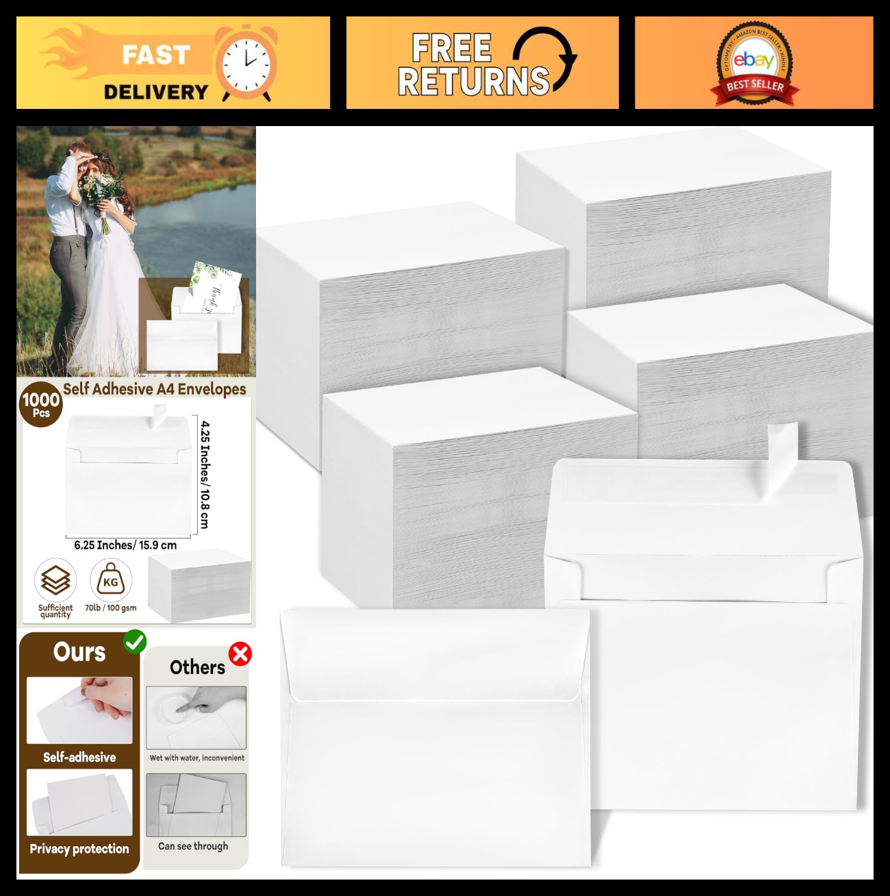 1000 Pcs Self-Adhesive A4 White Envelopes 4.25x6.25" for Invitations, Cards & Ma gallery