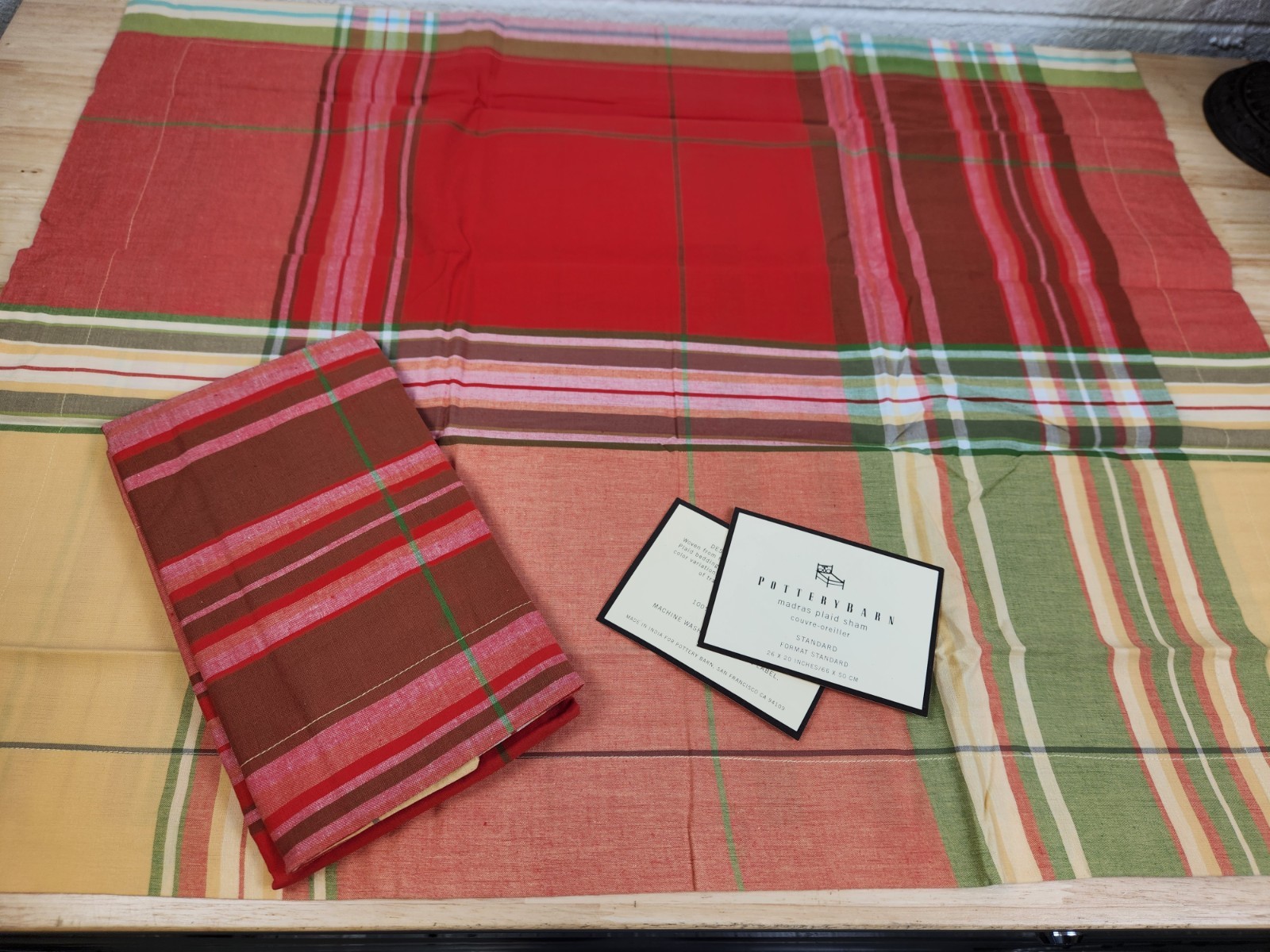 Pottery Barn Madras Rust Red Green Plaid Pillow Sham Set Of 2 Standard 20X26 NOS gallery