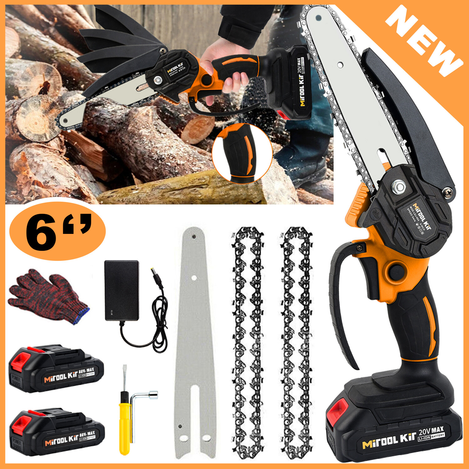 2 Battery 800W Mini Chainsaw Cordless 6inch Electric One-Hand Saw Wood Cutter gallery