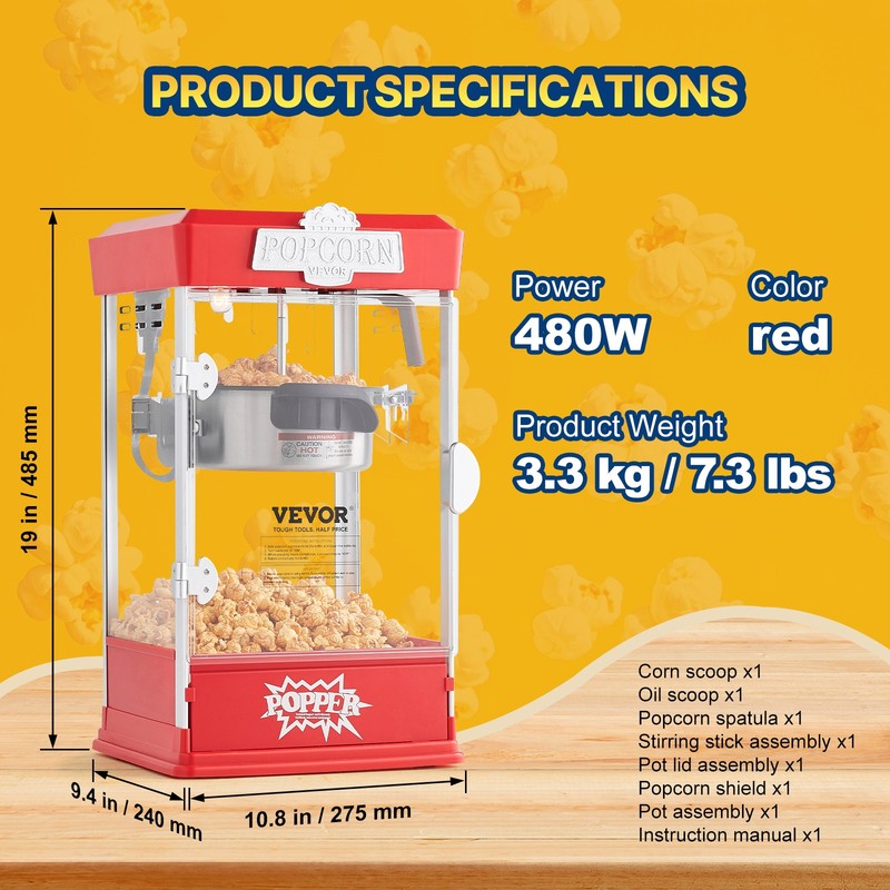VEVOR Popcorn Popper Machine Tabletop Mini Popcorn Maker 480W 4 Oz Red gallery