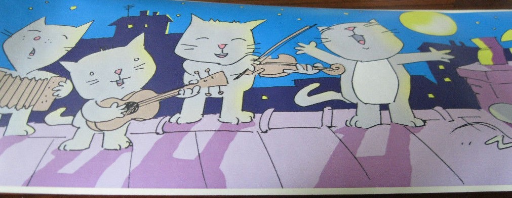 Cartoon Cat Cats Kittens on the Rooftops Wallpaper Border 28805 NIP Blue Purple gallery