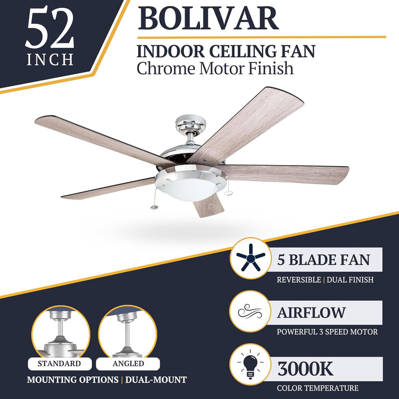 Ceiling Fan with Light, Pull Chain, Dual Mounting Op Bolivar, 52 Inch Modern LED gallery