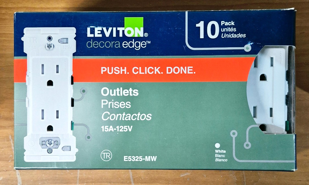 LEVITON Decora Edge Push Click Done Outlets 15A-125V White 10 Pack #E5325-MW gallery