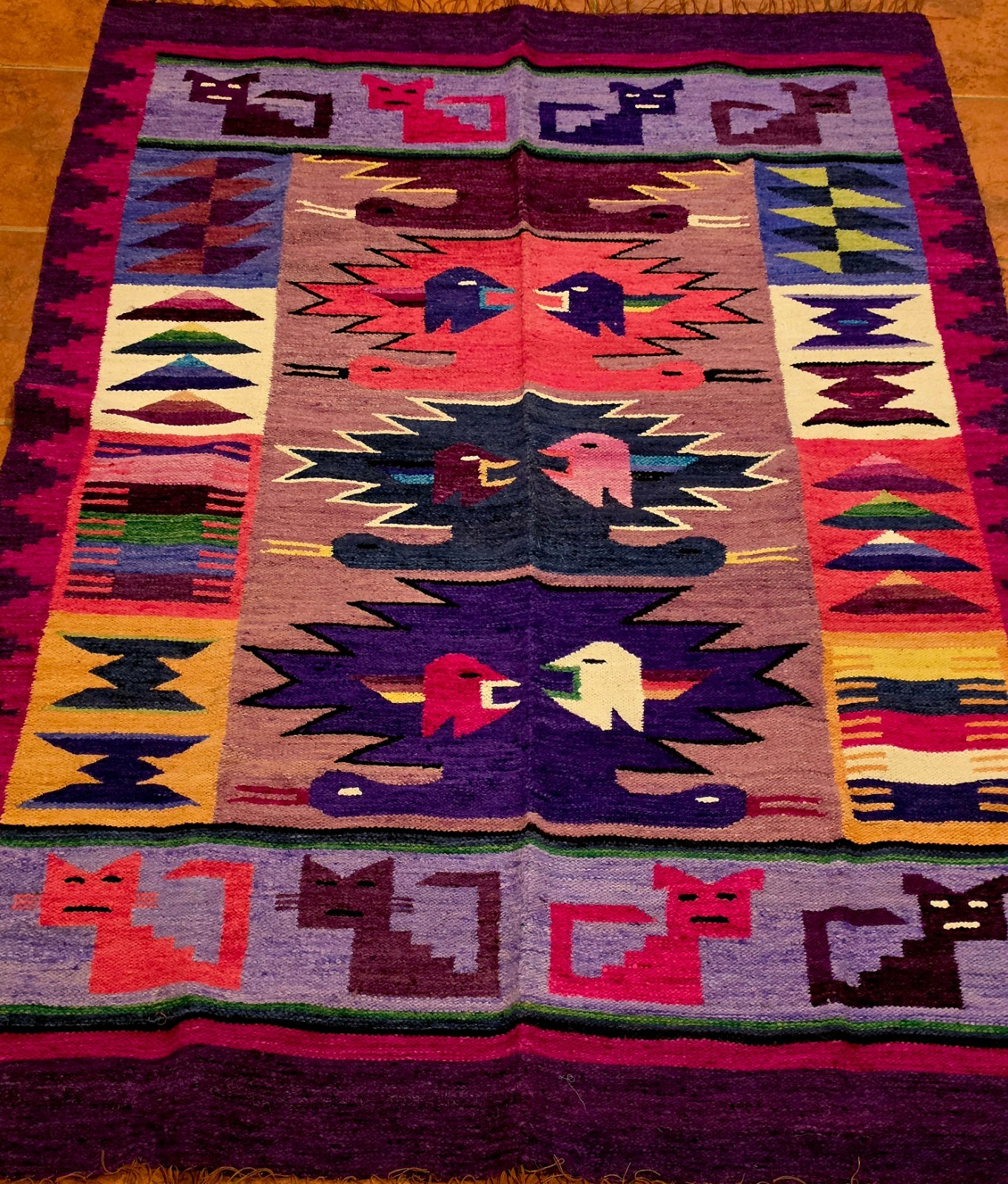 Handwoven Andean Alpaca Wool Tapestry – Colorful Tribal Animal Motif Blanket | P gallery