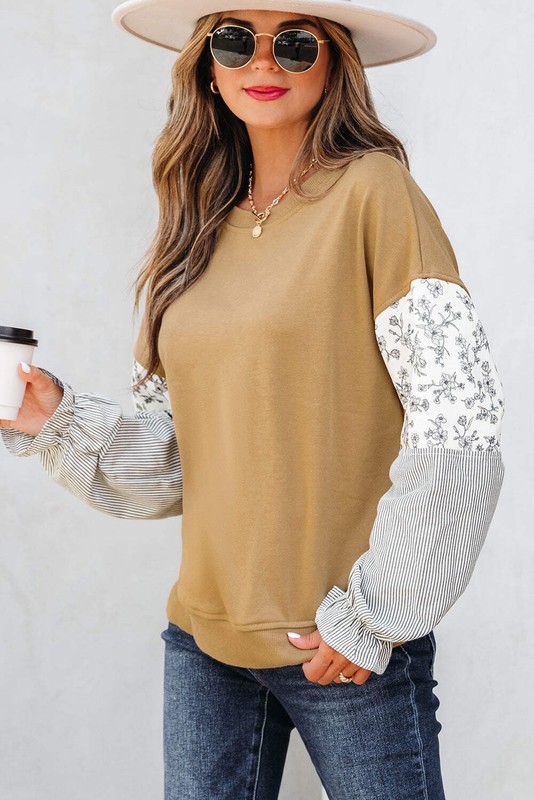 Camel Floral Striped Patchwork Ruffled Sleeve Crew Neck Sweatshirt gallery