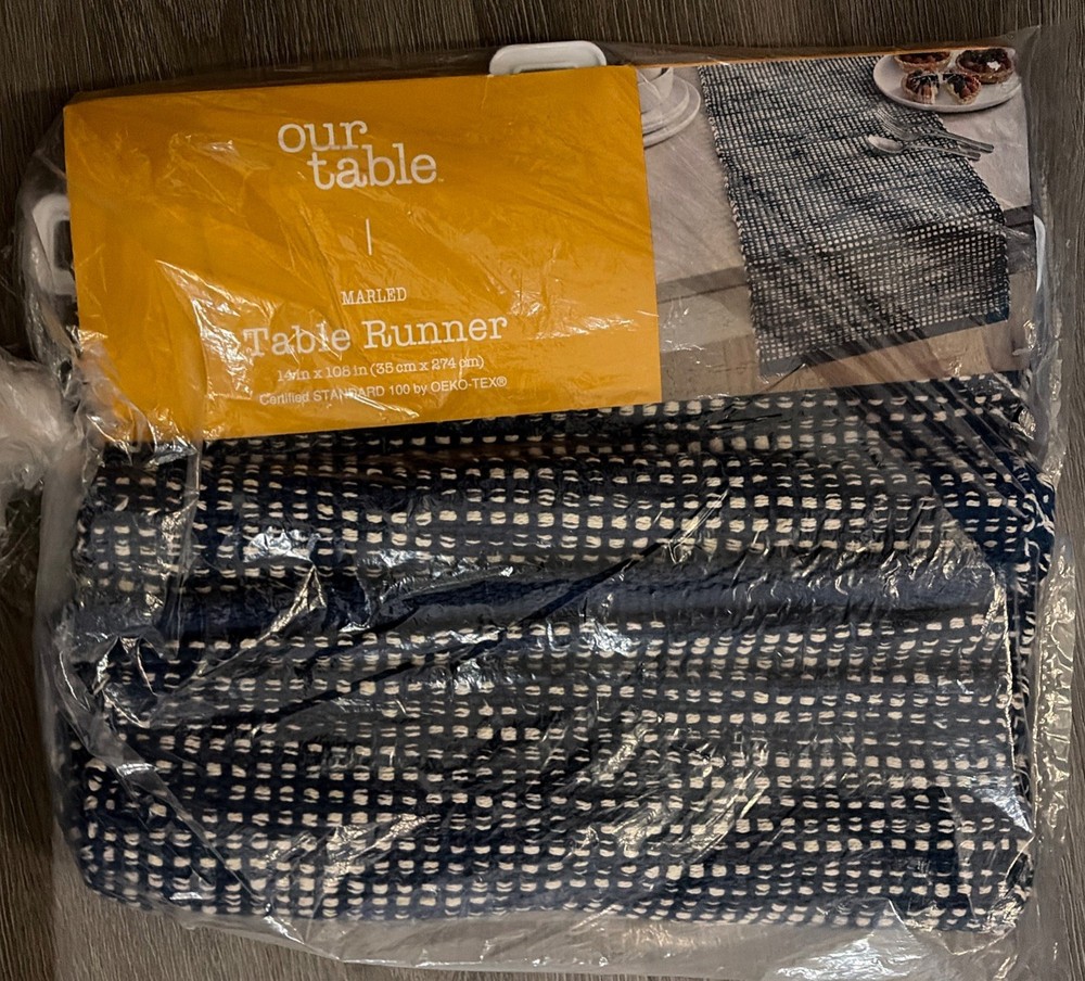 Our Table Marled Table Runner 14in x 108 in 100% Cotton Navy Blue/White-NWT
