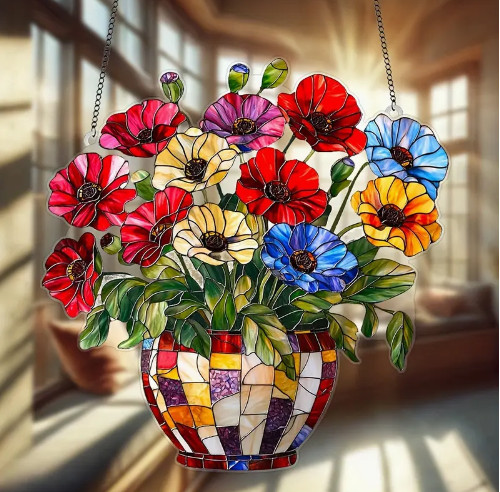 Suncatcher Poppy Flower Hanging Basket Acrylic Window Decor 8x8 gallery