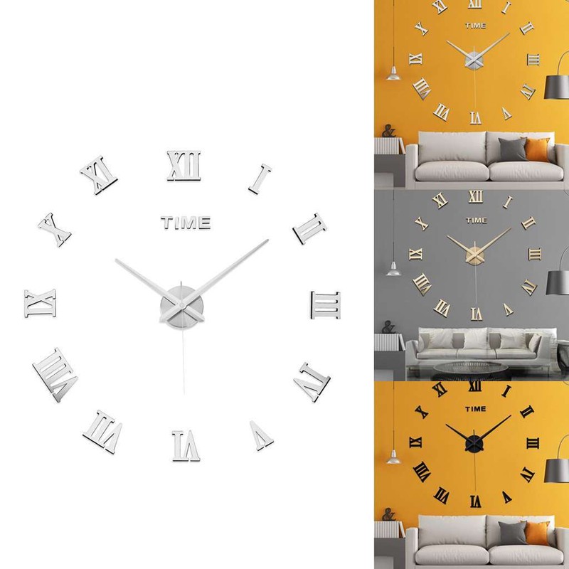 Mirror Surface Large Modern Wall Clock 3D DIY Roman Number Sticker Decor Clock gallery