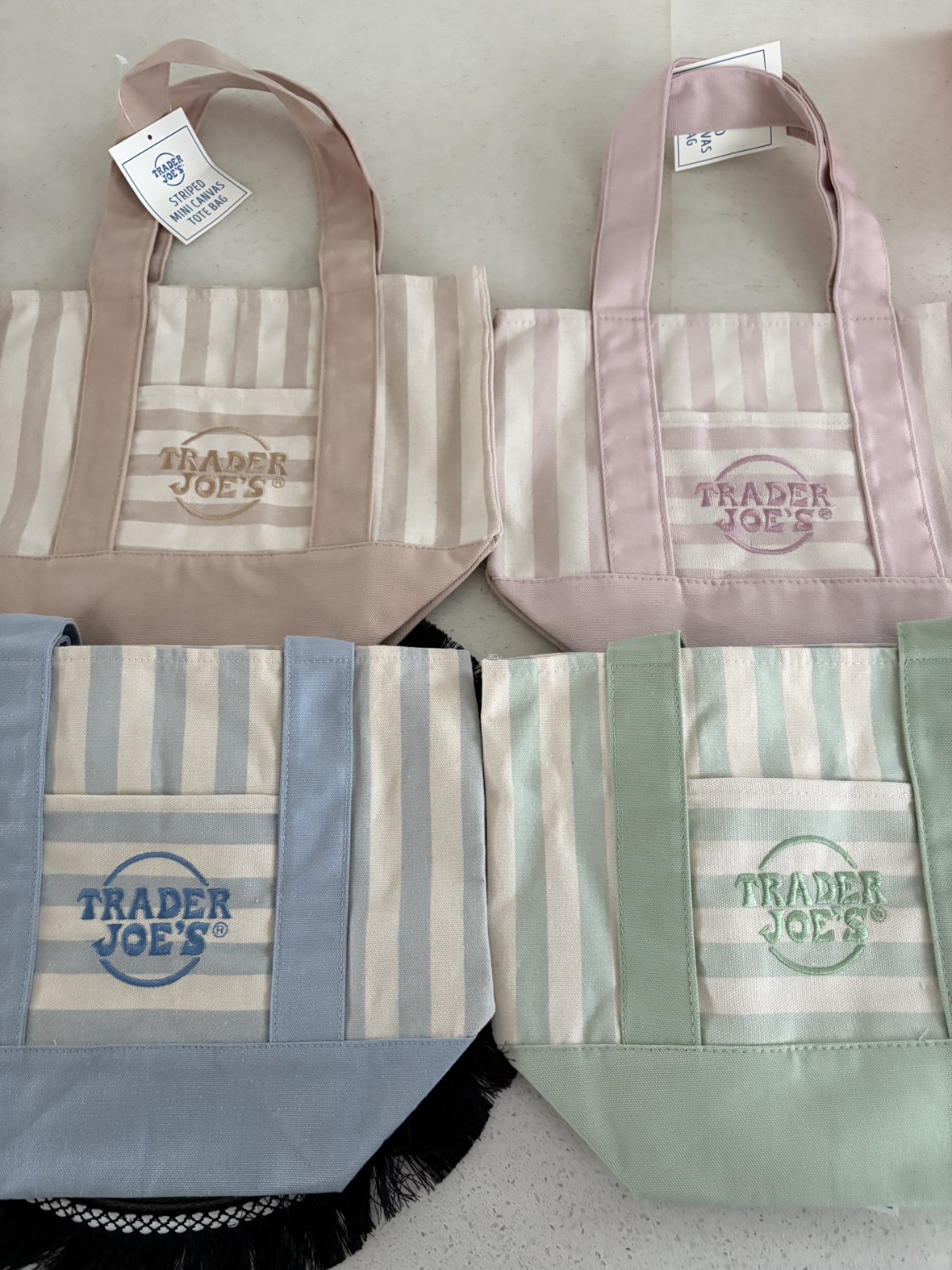 Trader Joe's Striped Mini Canvas Tote Bags Multicolor Set of 4 13x10x6 gallery
