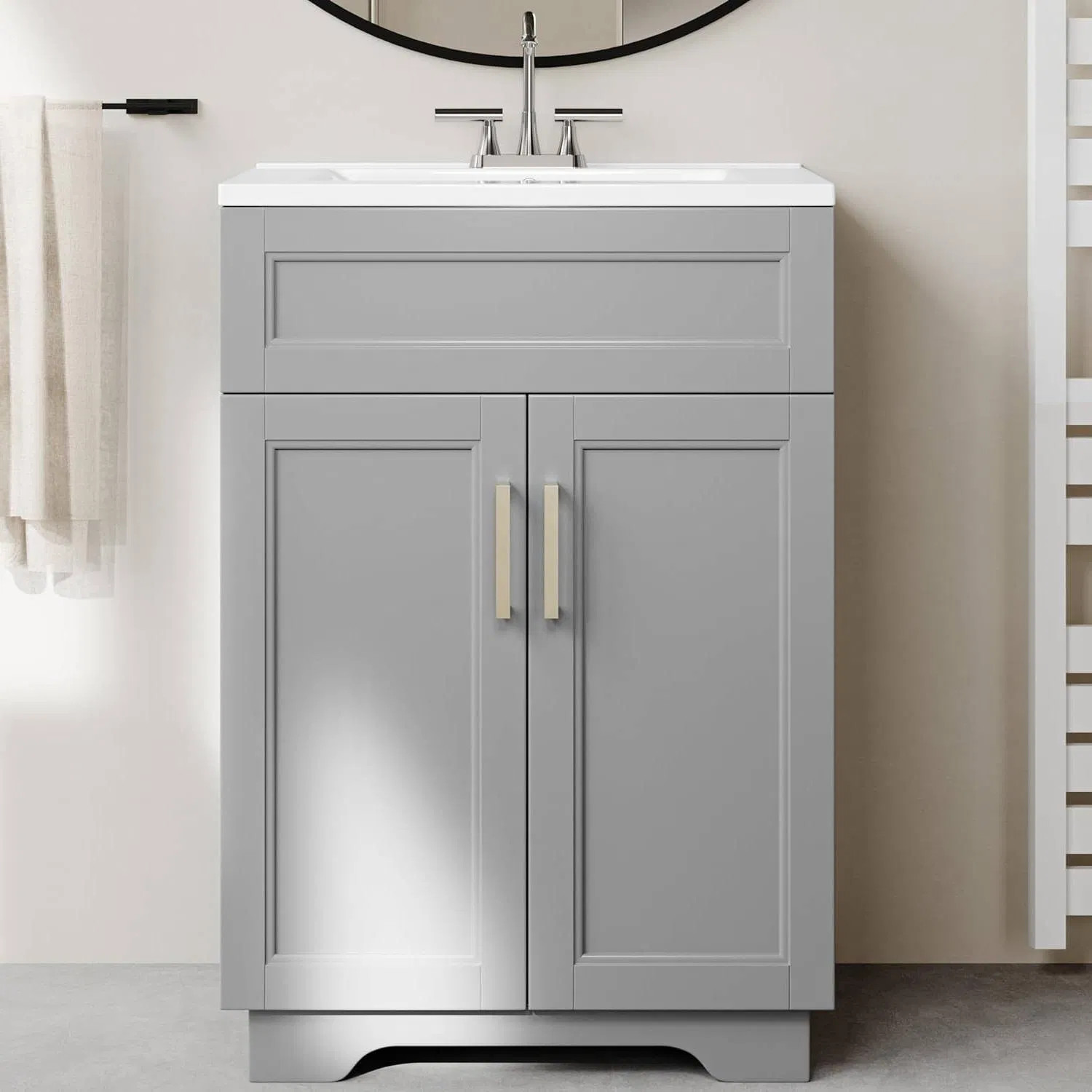 Modern Gray Wood Finish Bathroom Vanity with White Ceramic Sink gallery