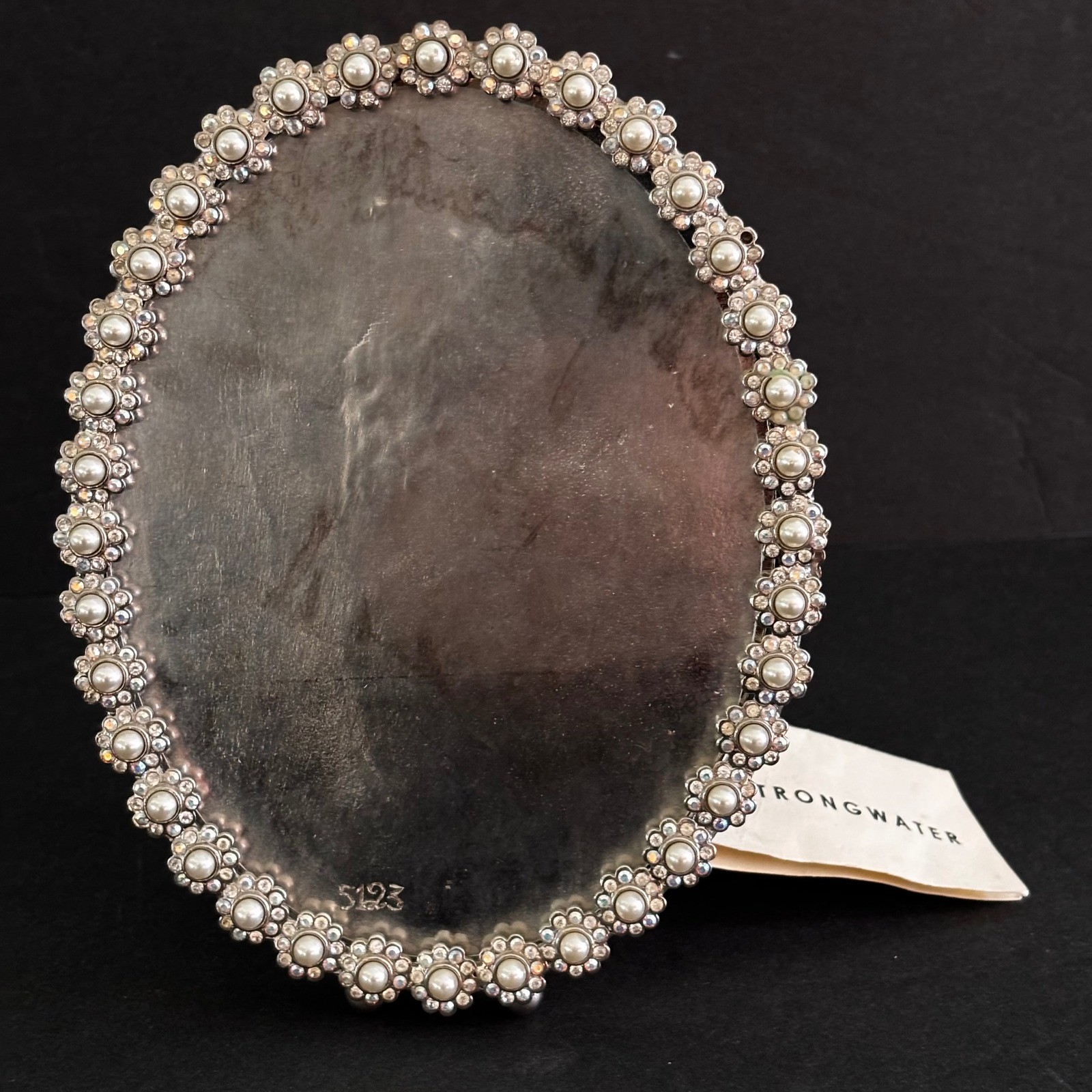 Jay Strongwater Small Oval Picture Frame Silver Tone Crystals Faux Pearls Tag gallery