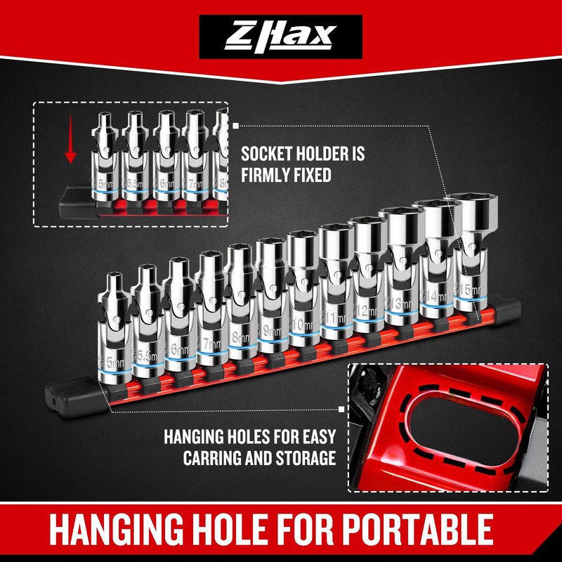 12 Pcs 1/4" Drive Universal Flex Socket Set, 6-Point Metric (5-15mm)Swivel Joint gallery