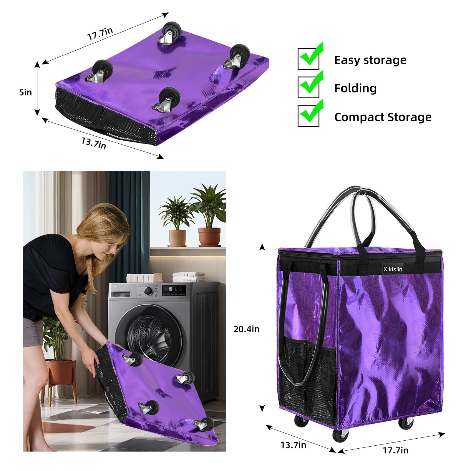 (Medium, Purple) Reusable Grocery Bag on 4 Wheels, Foldable Rolling Tote Carries gallery