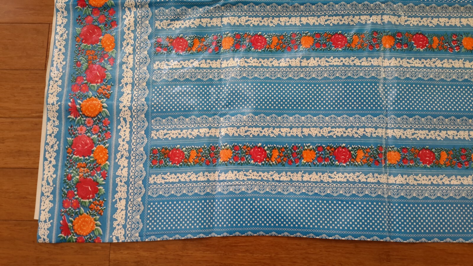 Vinyl Rectangle Tablecloth Blue Red/Orange Floral/White Lace Pattern  70" x 47" gallery