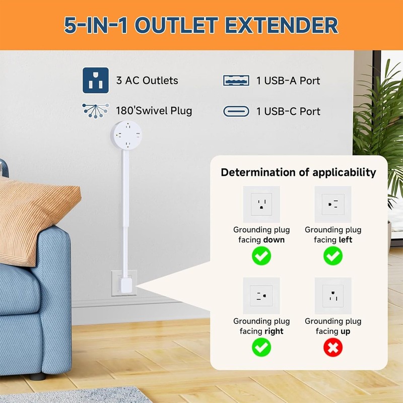 180° Rotating Plug Outlet Extender Stick 26 in Electrical Multi Plug Extendable~ gallery