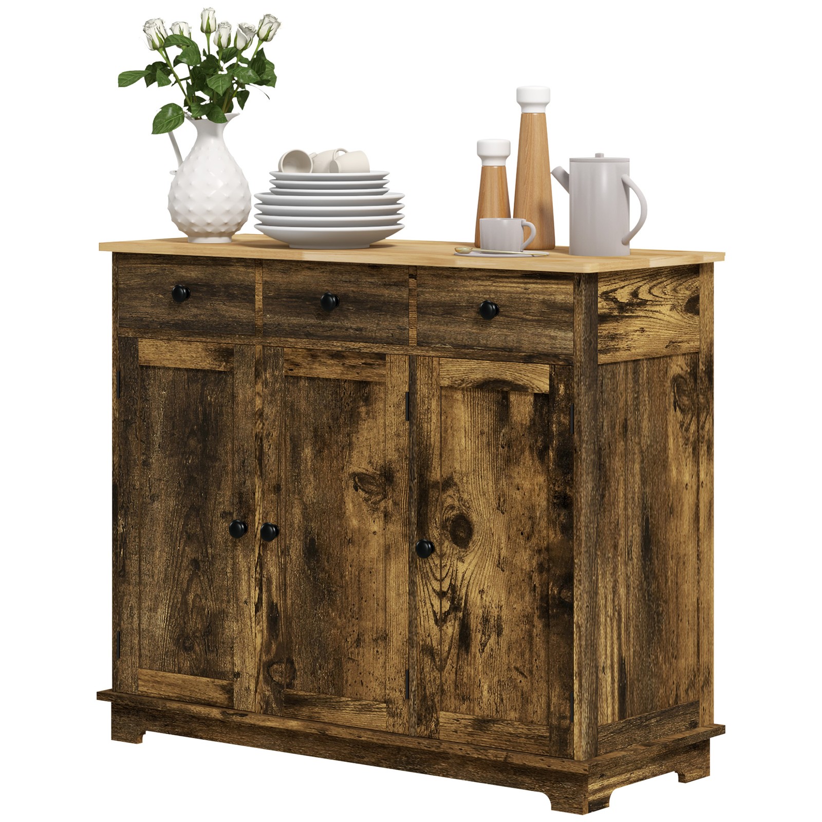 40" Rustic Sideboard Buffet Cabinet Sliding Doors 3 Drawers Brown Living Room gallery