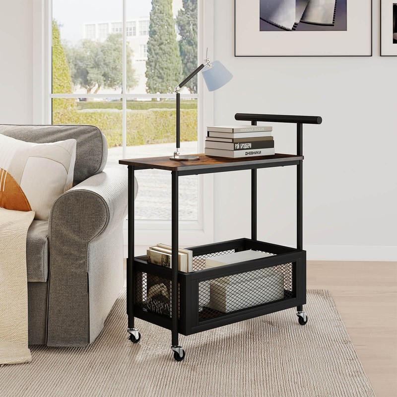 Rolling End Table w/Lockable Wheels Handle 2 Storage Shelves Industrial Bar Cart gallery