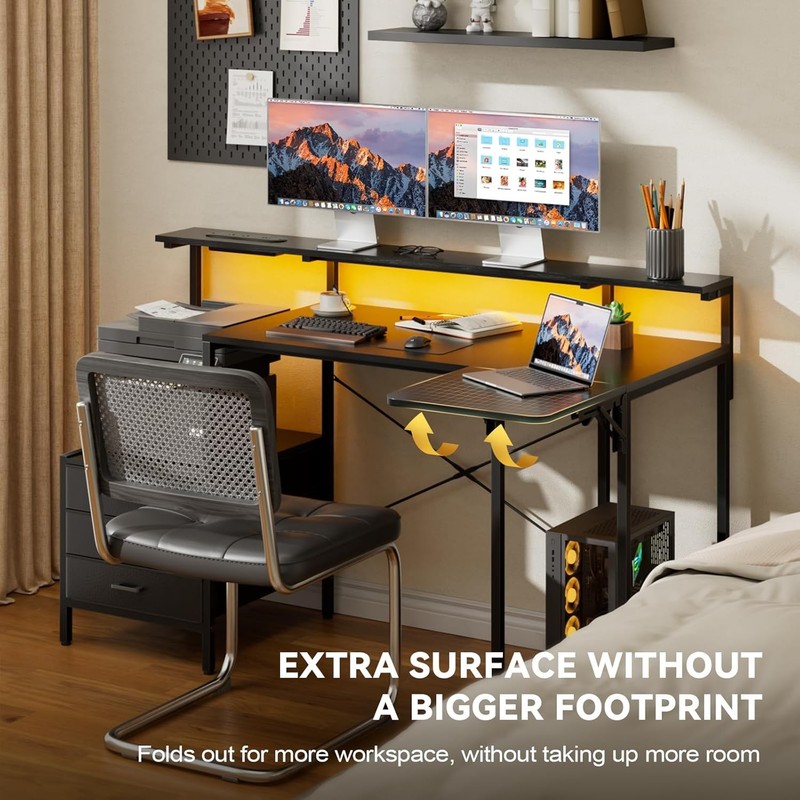 55 inch Computer Desk with Led Lights, Power Outlets and Storage Shelves, Black gallery