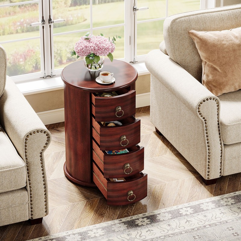 Solid Wood End Table, Round Side Table with 4 Drawers, No Assembly Required gallery