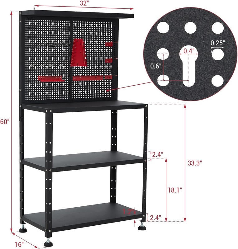 32" Workshop Table Work Bench Garage Steel Tool Storage 2-Tier Shelves PegBoard gallery