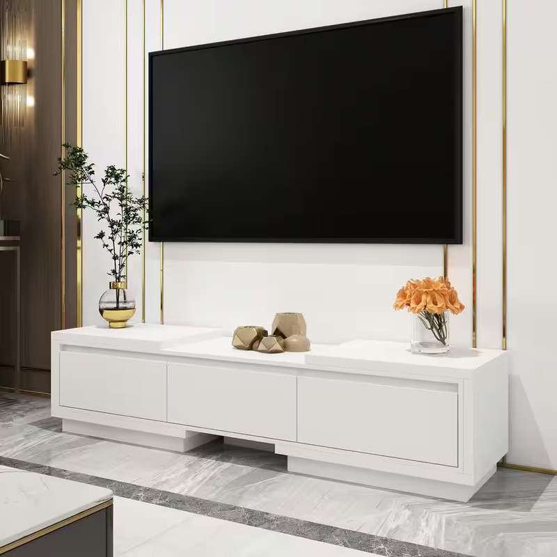 Extendable TV Stand Entertainment Center White Wood Media Console Fits 120 In. w gallery