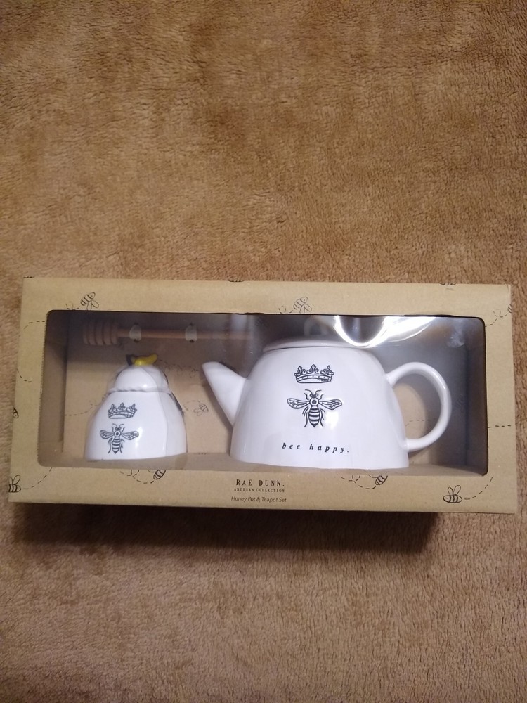 Rae Dunn Artisan Collection Bee Happy Tea Pot Crown and Honey Pot Brand New HTF