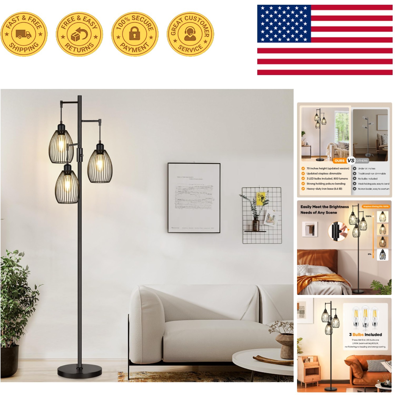 Tall 69" Dimmable Floor Lamp in Matte Black, 3 x 800LM LED Bulbs for Home Decor gallery