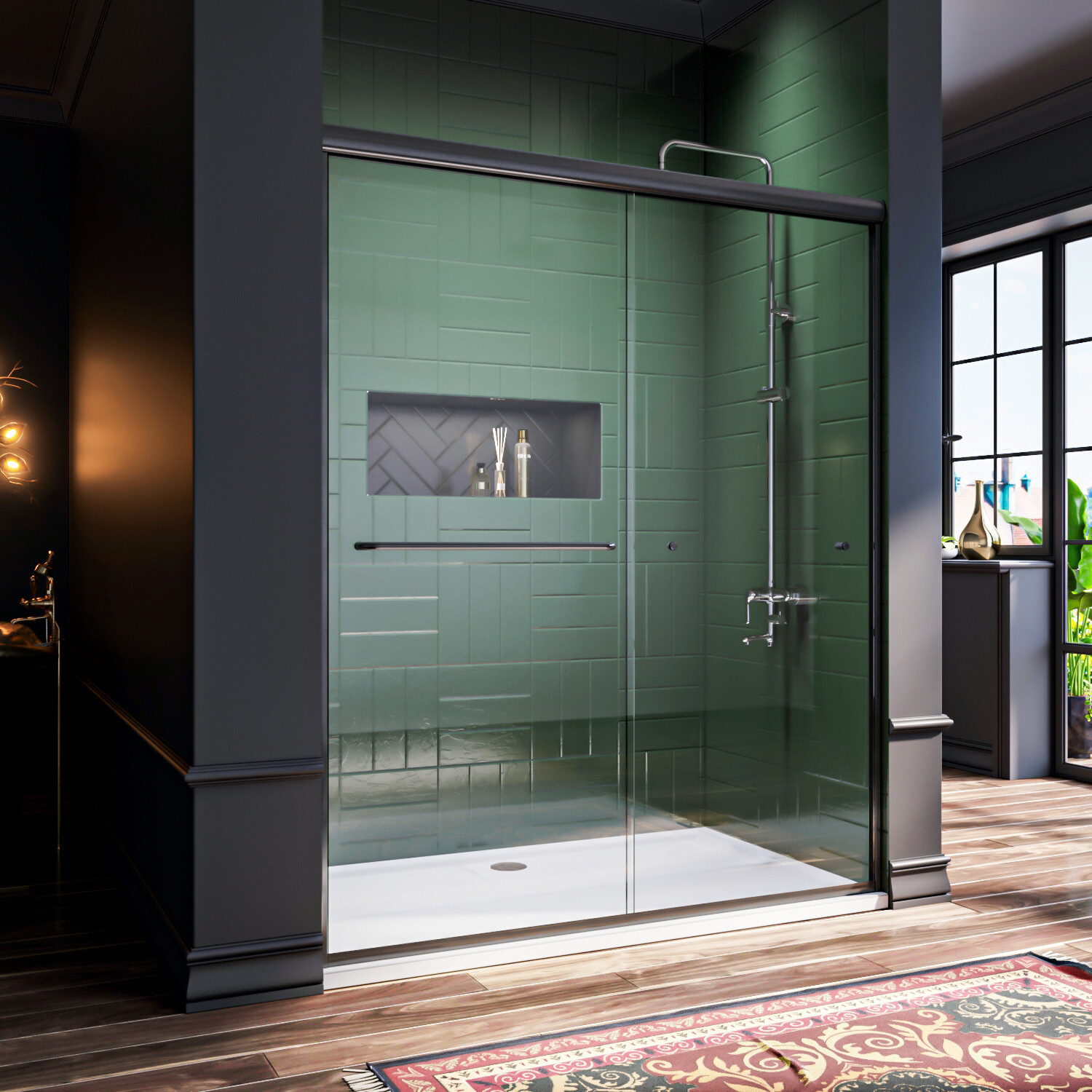 ELEGANT 58.5''-60'' x 72'' Double Sliding Shower Door Semi-Frameless Matte Black gallery
