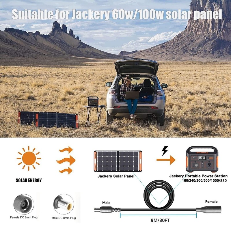 MJPOWER 30Ft Jackery Extension Cable 14AWG 8mm Solar Panel Black gallery