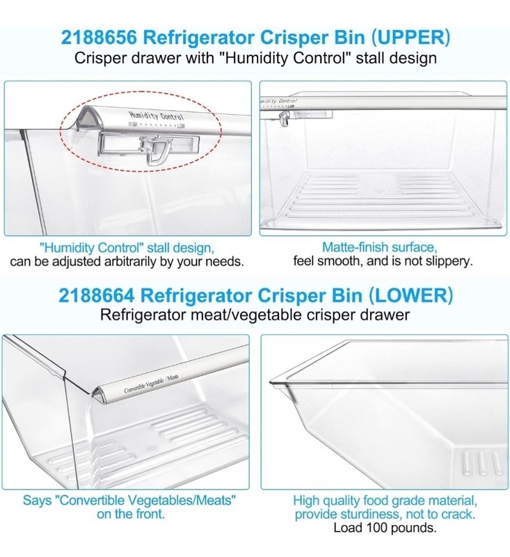 [2 Pack] Upgraded 2188656 Fridge Crisper Drawer Humidity Control Drawer UPPER & gallery