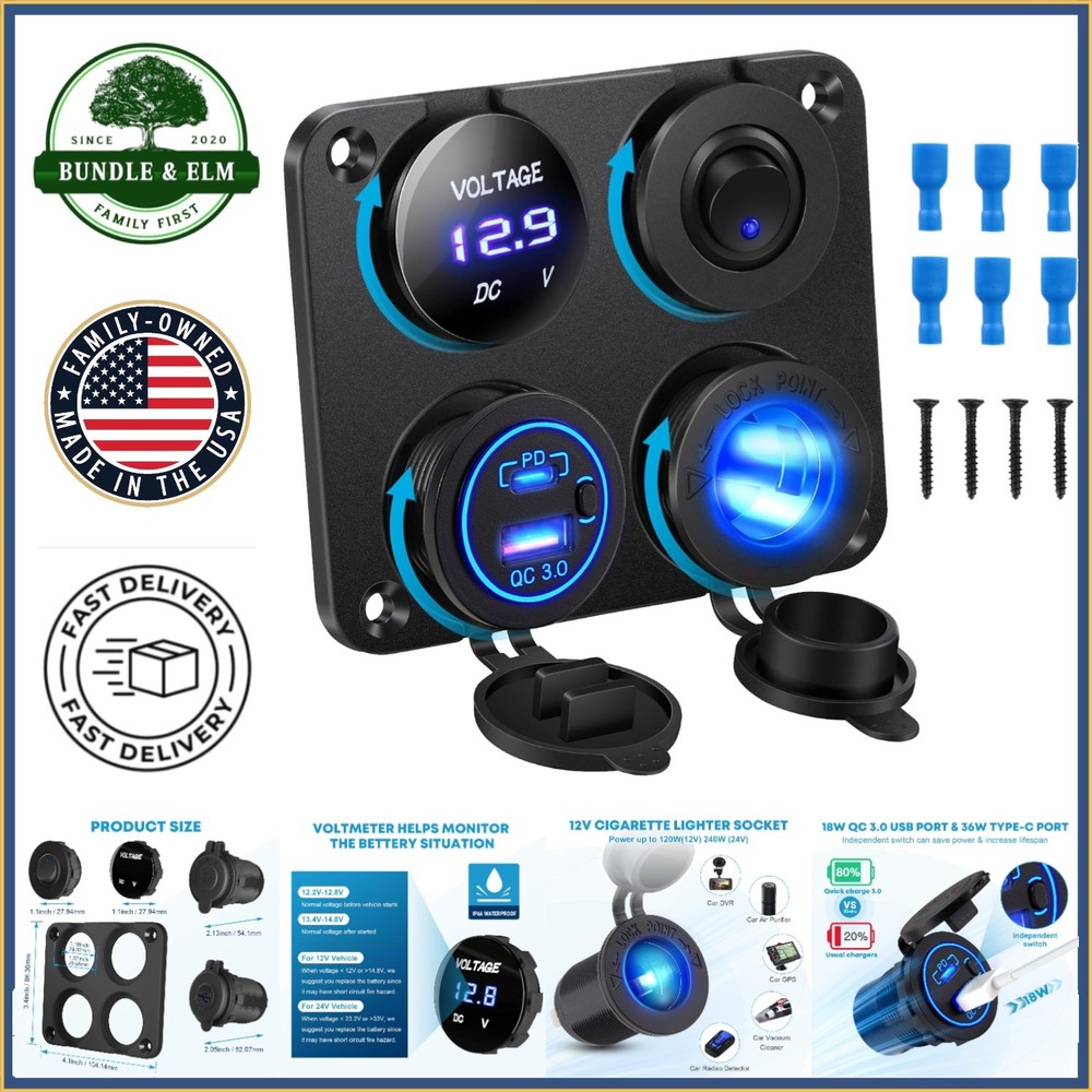 4-in-1 USB C Socket Panel with QC3.0 Charger and Toggle Switch for Boating