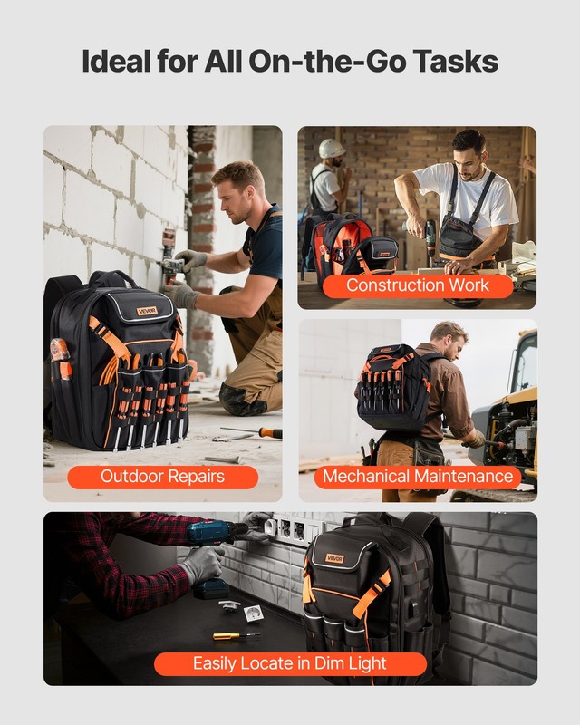 VEVOR Tool Backpack 45 Pockets Tear-resistant Jobsite Backpack for Electrician gallery