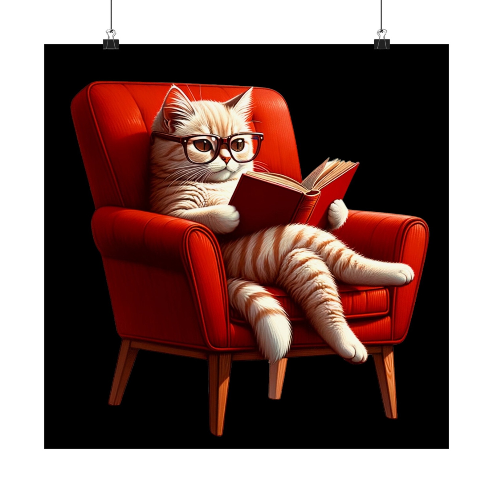 Matte Square Poster Wall Art Romanticism Cat Reading Book in a Red Chair Decor gallery