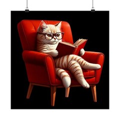 Matte Square Poster Wall Art Romanticism Cat Reading Book in a Red Chair Decor