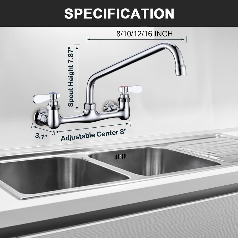 Wall Mount Commercial Kitchen Faucet Sink 8 In Center Tap 12 In Swivel Spout gallery