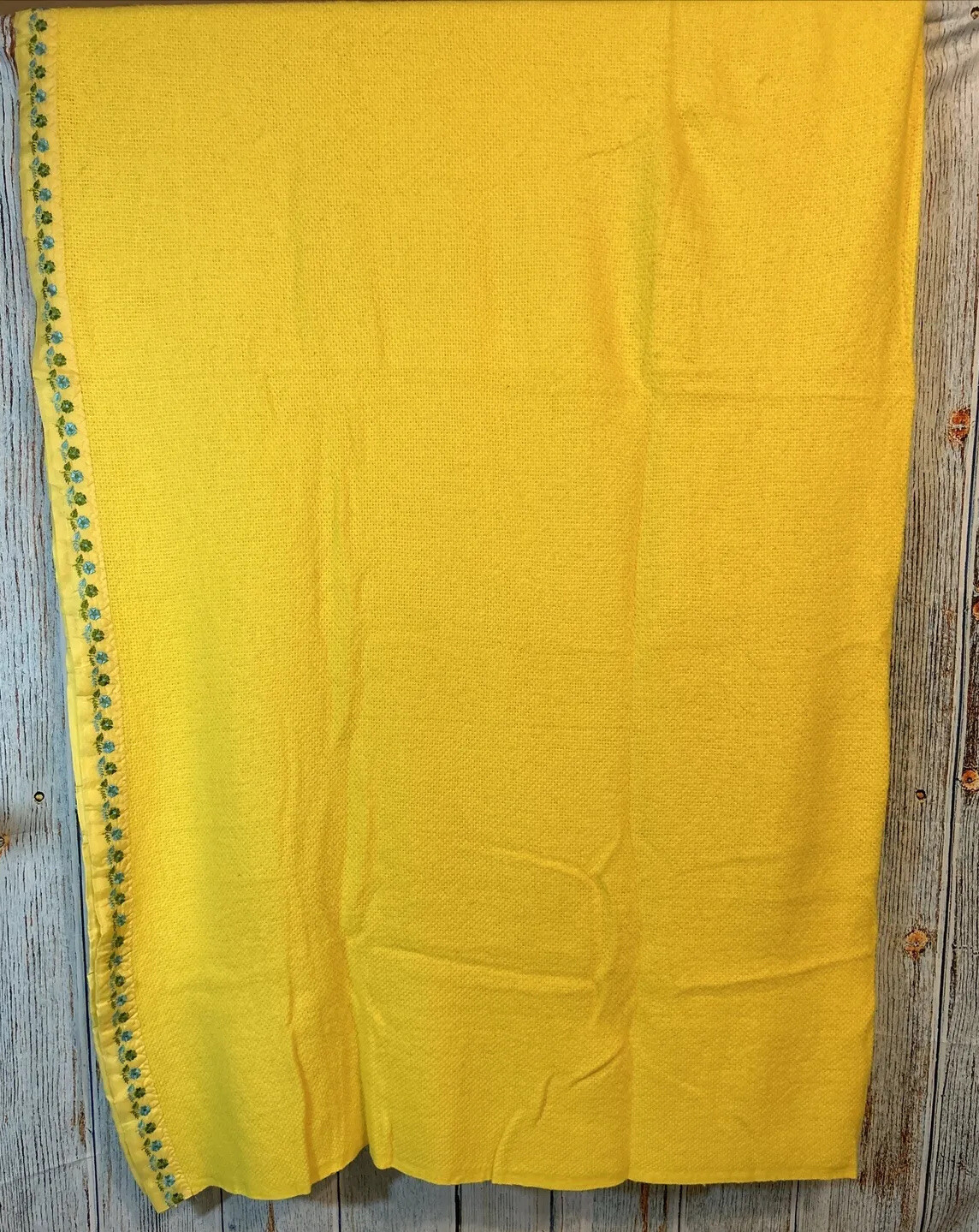 VINTAGE Waffle Weave Blanket Flower Embroidered Satin Trim Yellow 78x82” gallery