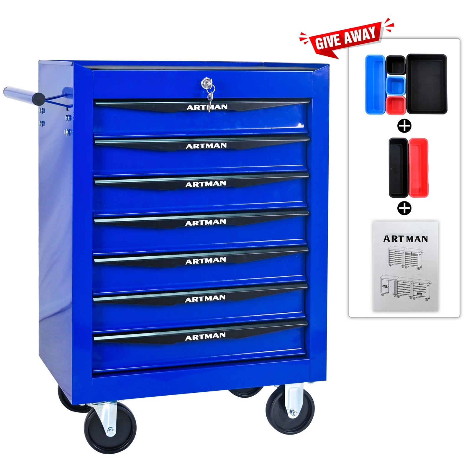 Lockable 7 Drawers Rolling Tool Box Cart Tool Chest Storage Cabinet Wheels Metal gallery