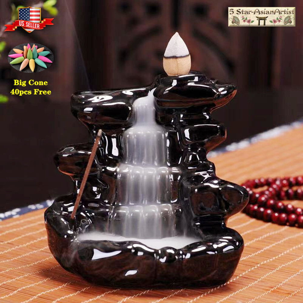 Ceramic Backflow Incense Burner Holder Lotus Waterfall & Incense Cones Gift gallery