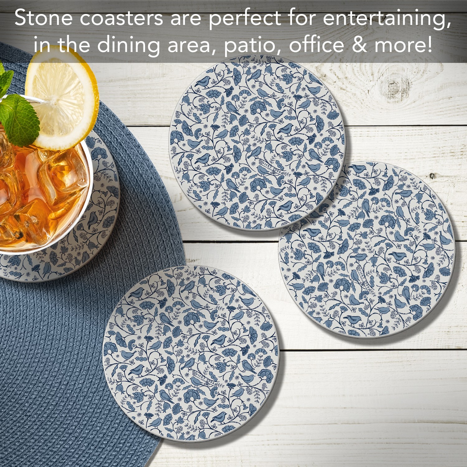Vintage Flock 4 Pack Round Absorbent Stone Coasters with Protective Cork Backing gallery