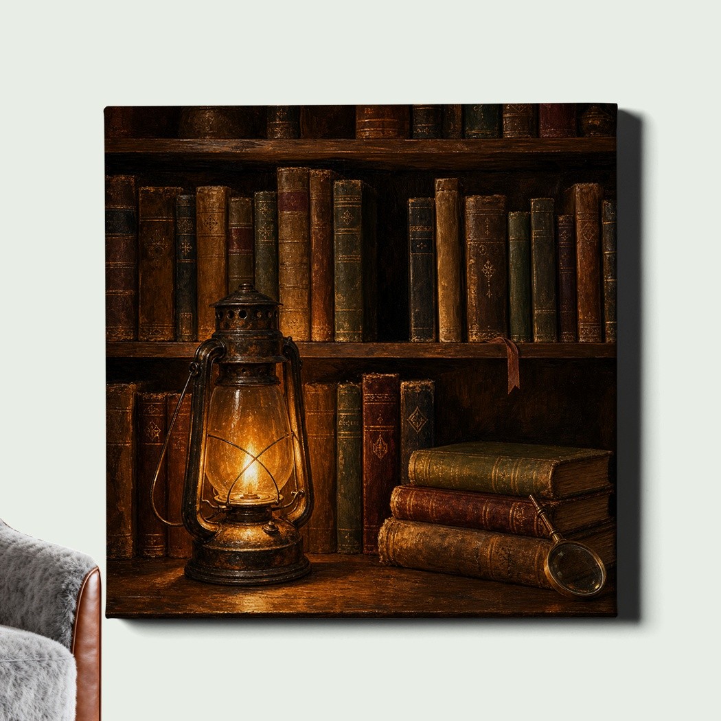 Bookshelf Lantern Art Print Cozy Library Still Life Decor gallery