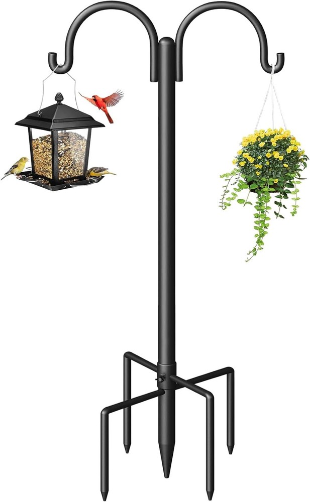 Double Shepherds Hooks for Outdoor Adjustable Bird Feeder Pole With 5-Prong Base