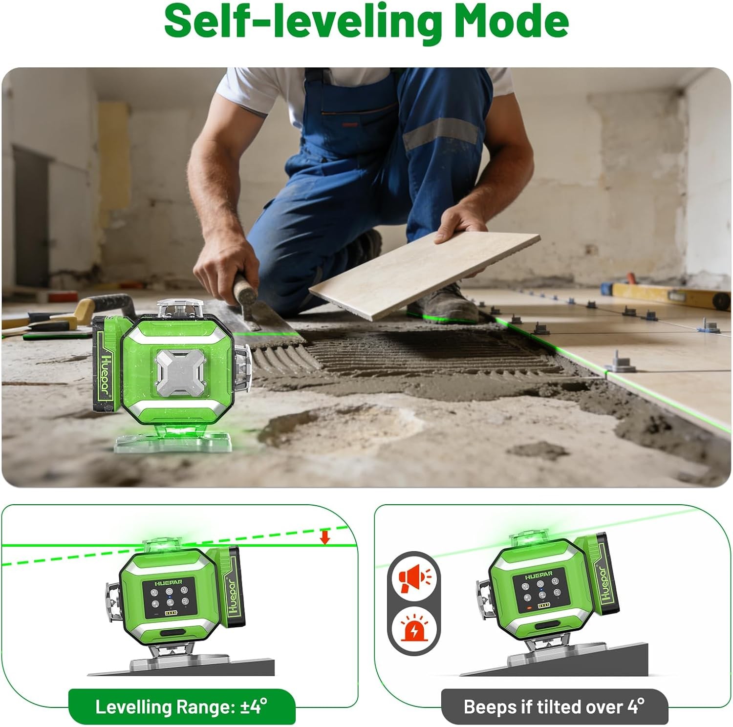 4x360° Green Cross Line Laser Level, ±1/18" Accuracy, 2Pcs Rechargeable Battery gallery