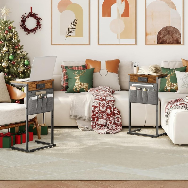 C Shaped End Table with Charging Station, 28" H Couch Side Table Slide Under,... gallery